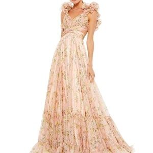 NWT Mac Duggal 67803 Ruffle Tiered Floral Cut-Out Chiffon Gown Pink Multi Size 0